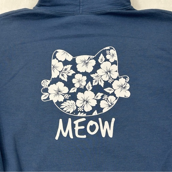 Kitty Cat Meow Hawaiian Floral Graphic Deep Navy Blue Hoodie Sweatshirt Adult S - Picture 2 of 8